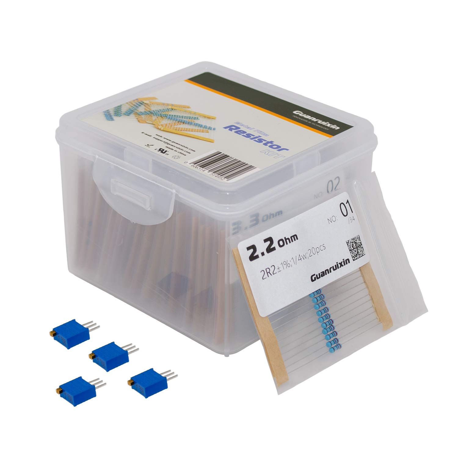 Guanruixin 34 Values 1/4 Watt (2.2 Ohm-1 Megaohm) Metal Film Resistor Kit Assortment Variety Pack, Excellent Fit to Breadboards/Arduino, and DIY Electronic Projects -(Pack of 680)