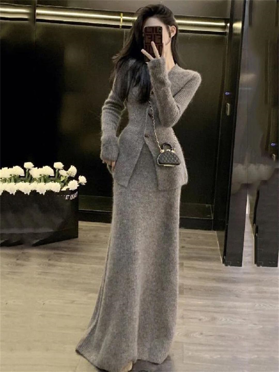 Women's Knitted 2 Pieces V Neck Coat Long Sleeve Sweater Suit Vintage Two Piece Set High Waist Skirt