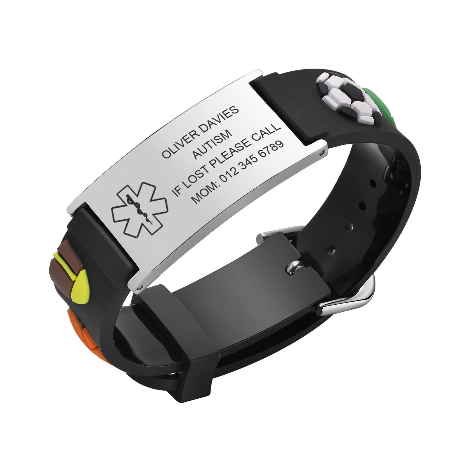 Kids Bracelet Safety ID Wristbands - Personalised Medical Alert ID Bracelets with Black Silicone Ball Cartoon Pattern, Outdoor Anti-Lost Wristband with Emergency Contact Information For Child Boys