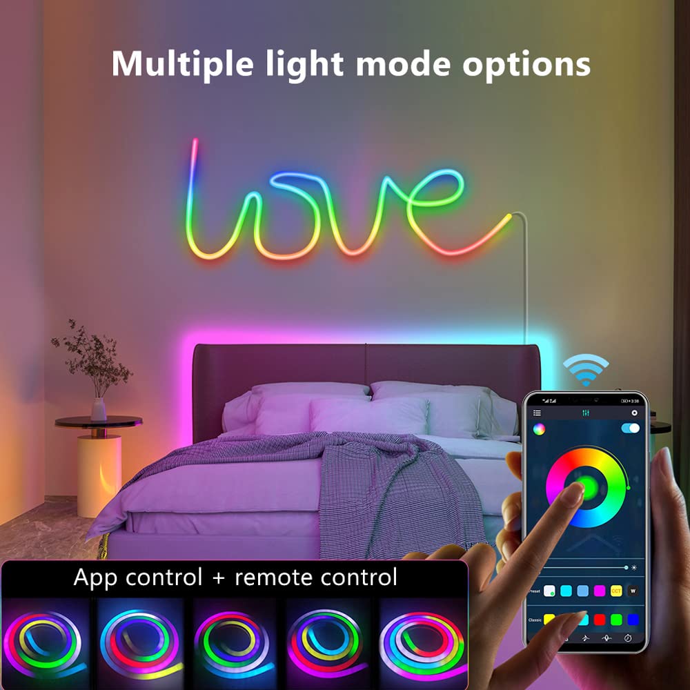 DOODZY Neon Rope 5M Tira LED de Neón de Silicona Control WiFi, 16 Milliones de Color RGBIC Impermeable IP67 para Habitación Gaming, TV y Dormitorio Funciona con Alexa y Google Assistant (5M)