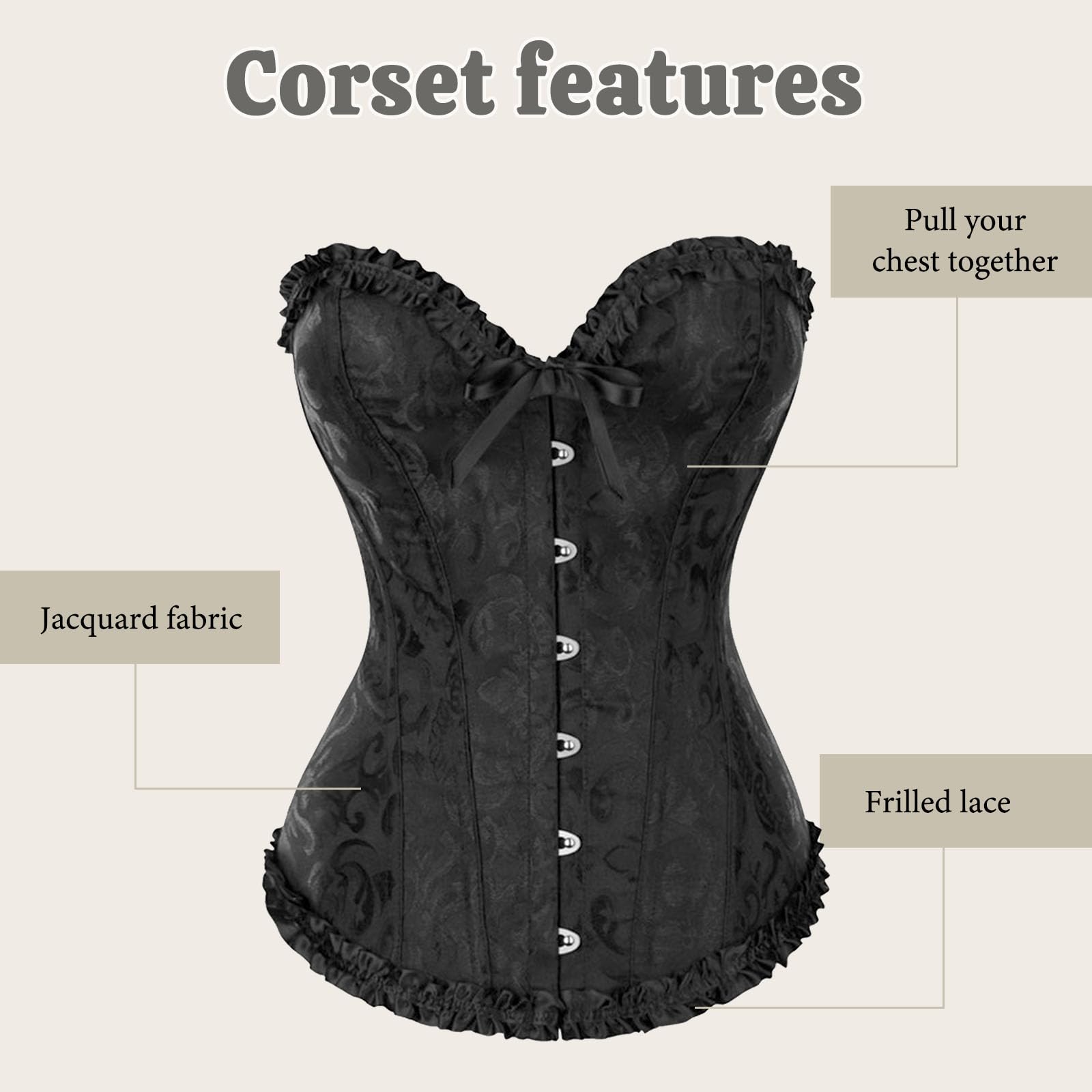 AYNKH Corset femme avec design de bord de dentelle de nœud, corset de cour impériale, motif floral en satin, pour robe de mariée, remodelage du corps, danses, parties