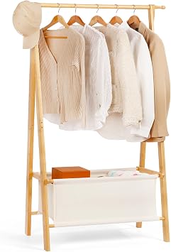 Bamboo Clothes Rack with Storage Box, Portable Extra Large Garment Rack Clothing Rack, Foldable Wardrobe For Entryway and Bed Room M