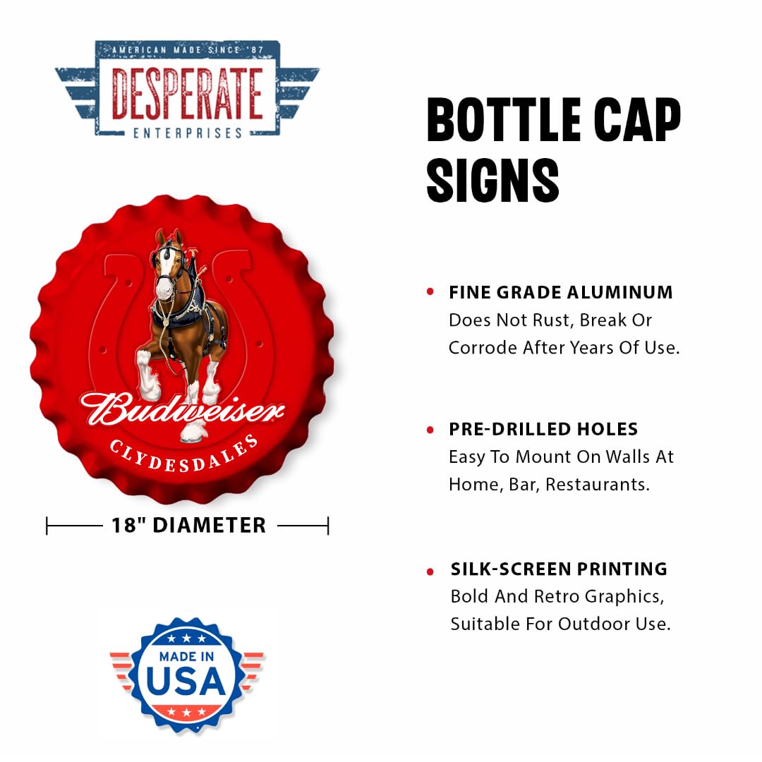 Desperate Enterprises Bud Clydesdale - Letrero de tapa de botella – Señales de garaje – Señales de cerveza – Señales de metal vintage – Cartel de tapa de botella Budweiser – Hecho en los Estados