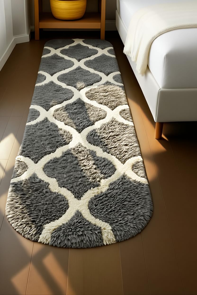 Vasrug Luxury Soft Shaggy Bedside Ovel Rug – Geometric Design | Plush High-Pile Bedroom Carpet, Pack of 1 Pic, 1.5x4 Feet, (Grey and Ivory M II)-image-29