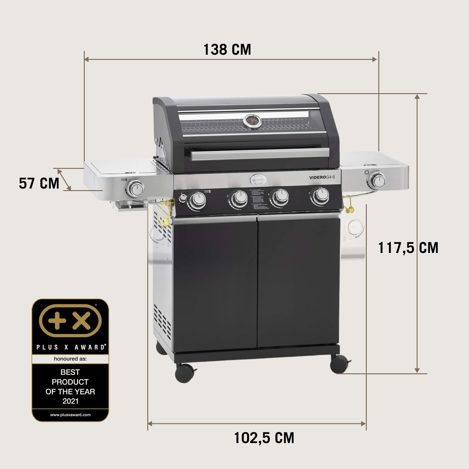 RÖSLE Gasgrill BBQ-Station VIDERO G4-S Schwarz, Grill mit 4 Edelstahlbrennern, extra Primezone und Seitenbrenner, klappbare Seitentische, VARIO+, pulverbeschichteter Stahl
