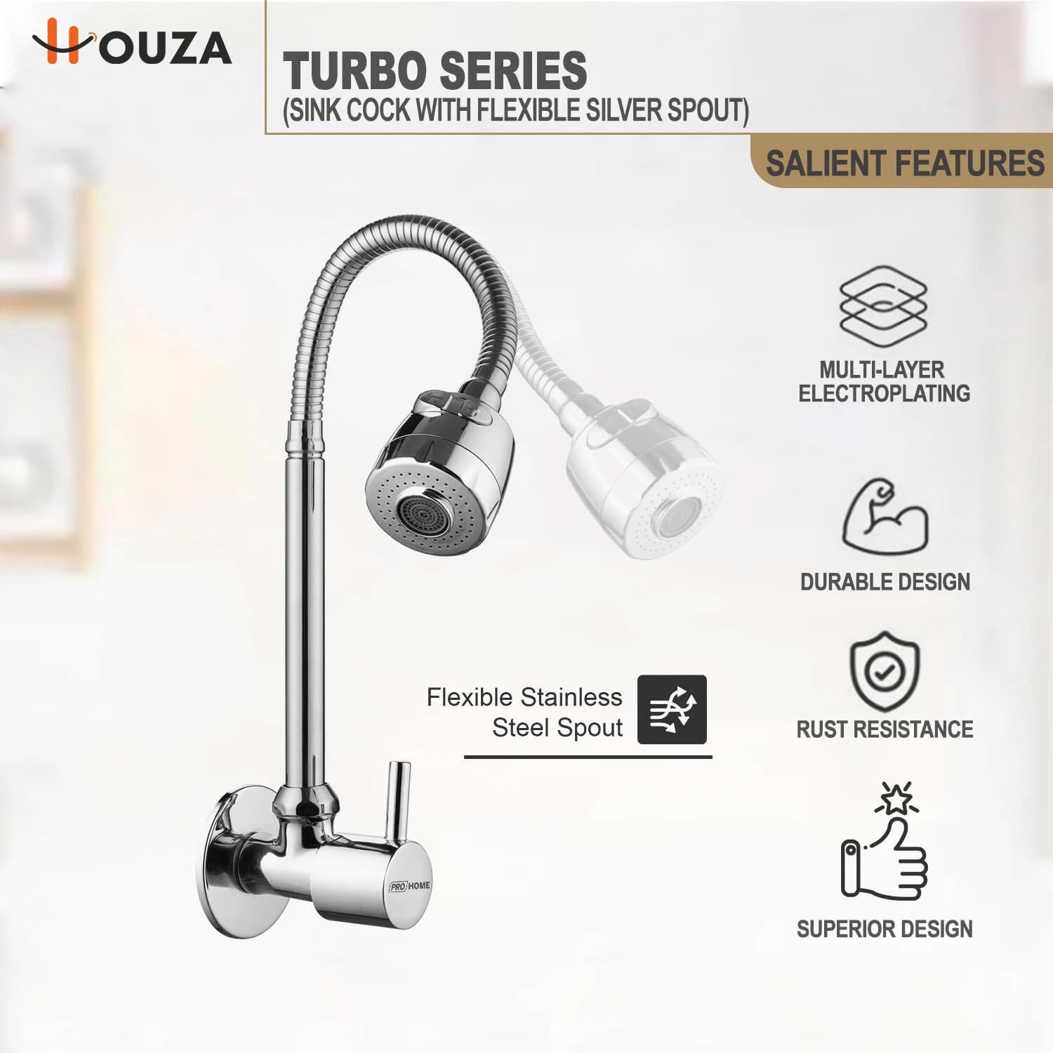 HOUZA Brass Kitchen Sink Tap Faucet with Pull Down Sprayer| Kitchen Tap with 360 Degree Flexible Swivel Spout | Water Saving Aerated Dual Flow Kitchen Faucet for Sink (Chrome Finish, Silver) 2