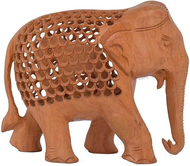 Purpledip Wooden Jali Carving Elephant Showpiece: Indian Gift/Souvenir (10715)