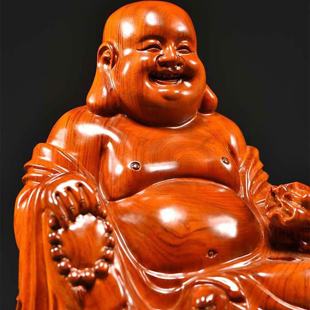 Dekoracja pulpitu Drewniana statuetka Buddy Ozdoby Siedzący Lotos Uśmiechnięty Budda Rzeźby z litego drewna Dom Salon Mahoń Rzemiosło Rzeźby Wystrój Domu(19,68 cala)