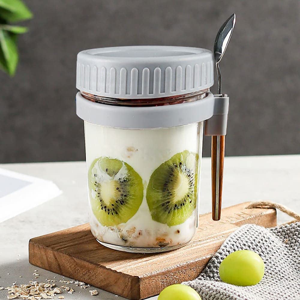 CGHWBEA Overnight Oats Container - Yogurt Oatmeal Glass Canning with Lids and Spoon, 10 oz Cereals, Milk, Fruit Salad, with Measurement Marks (White+grey)