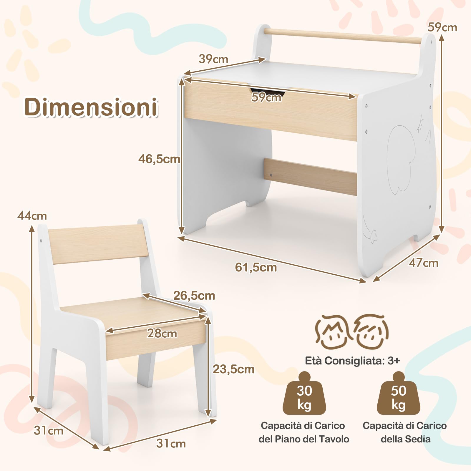 RELAX4LIFE Juego de mesa y silla 2 en 1 para niños, escritorio de madera con tablero extraíble de doble cara, amplio espacio de almacenamiento, diseño multifuncional para habitación de los niños