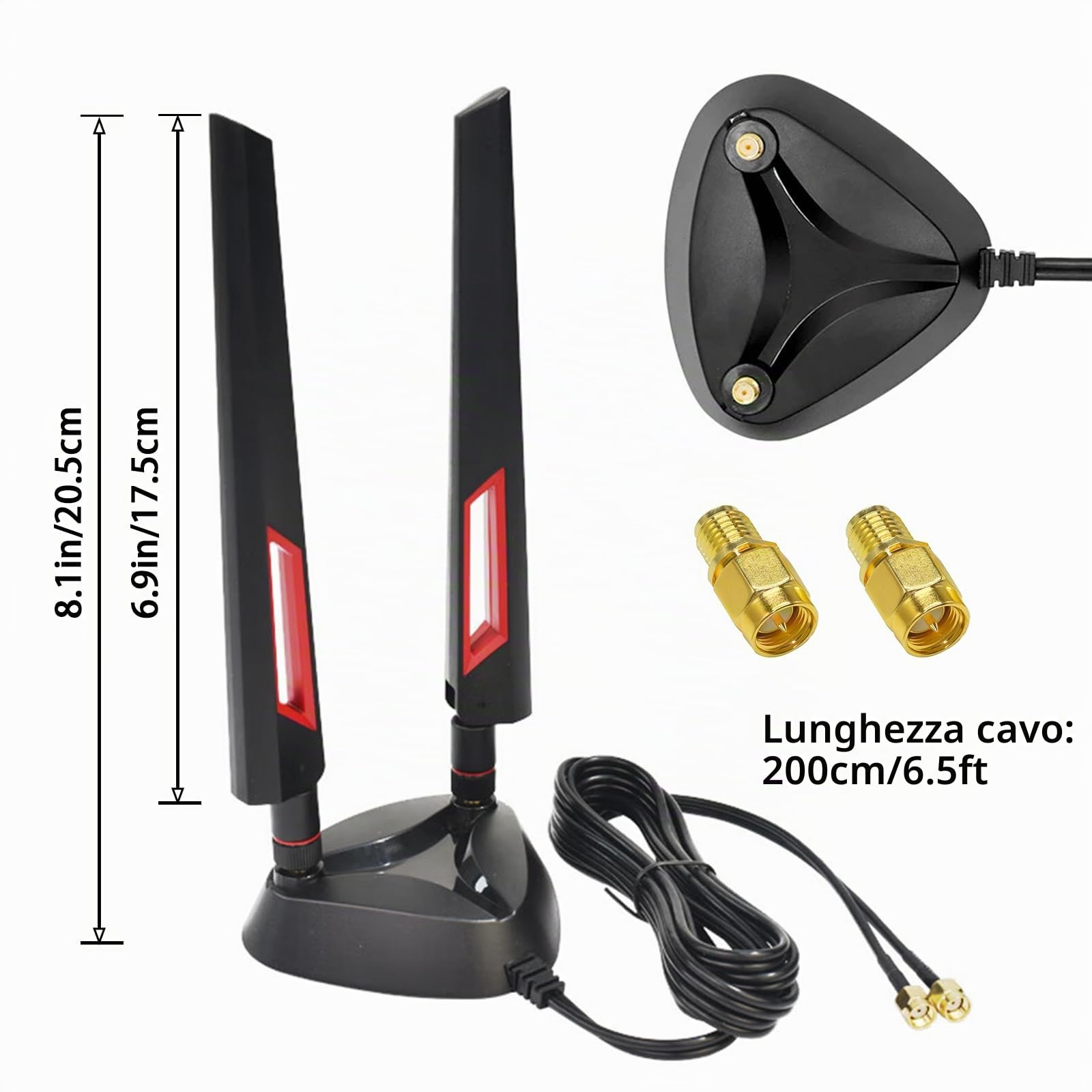 Antenna WiFi 6E Tri-Band 6GHz 5GHz 2,4GHz RP-SMA Antenna WLAN Base magnetica con prolunga da 2 m/6,6 ft per PC Bluetooth scheda madre WiFi 6 router fotocamera PC desktop wireless