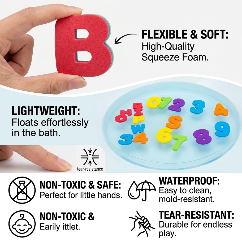 37 PCS Bath Letters and Numbers with Mesh Storage Bag, Foam Bath Toys for Toddlers, Stick on Wall Alphabet Learning Toys, Sensory Educational Bath Toys, Kids Baby Bath Toy Set — view 4