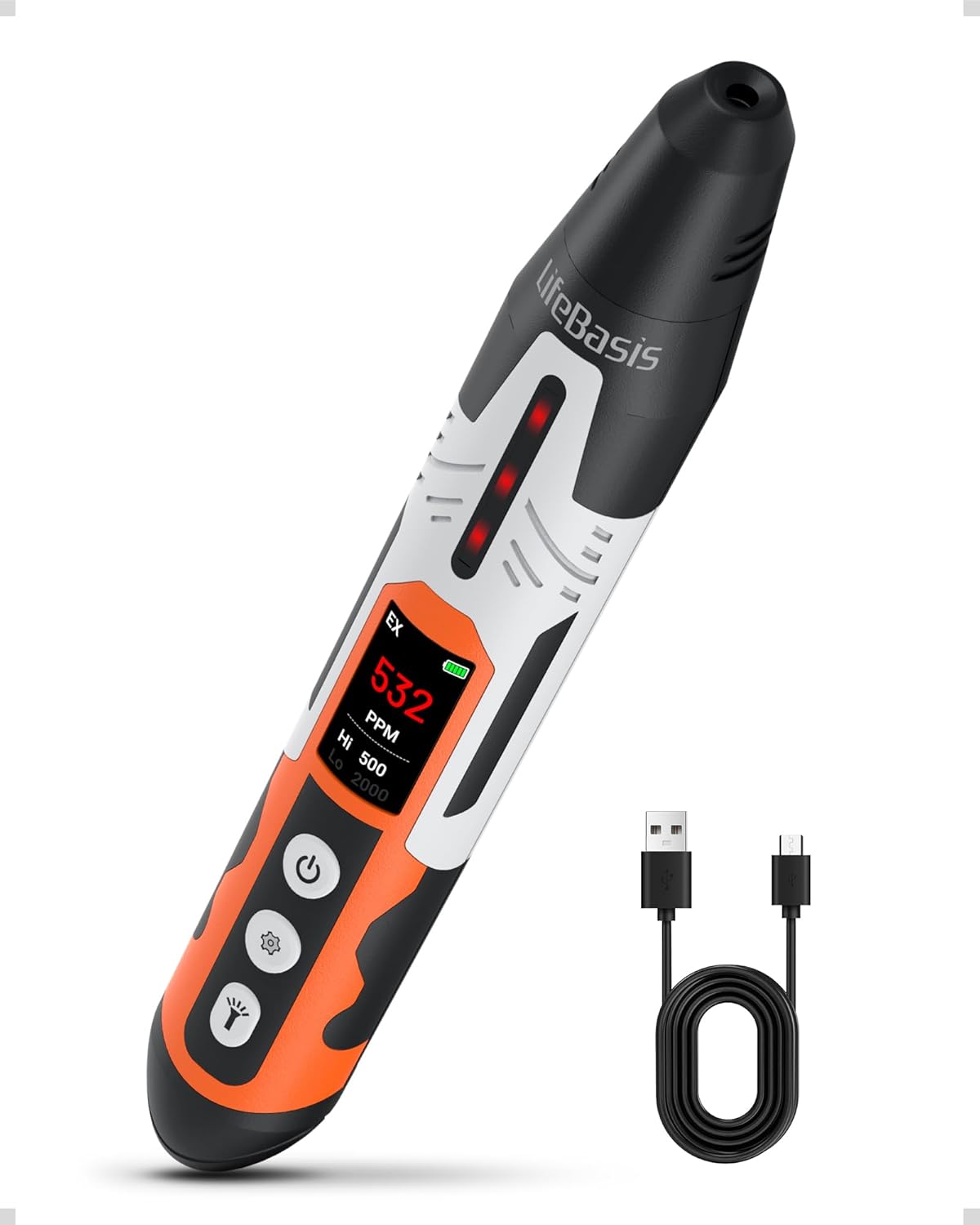 LifeBasis Rechargeable Natural Gas Detector with TFT Display, Gas Leak Detector 0.5s Fast Response, 0-9999PPM Range Built-in Light for Combustible Gas/LPG/Methane/Propane, Gas Sniffer for Car, Vehicle