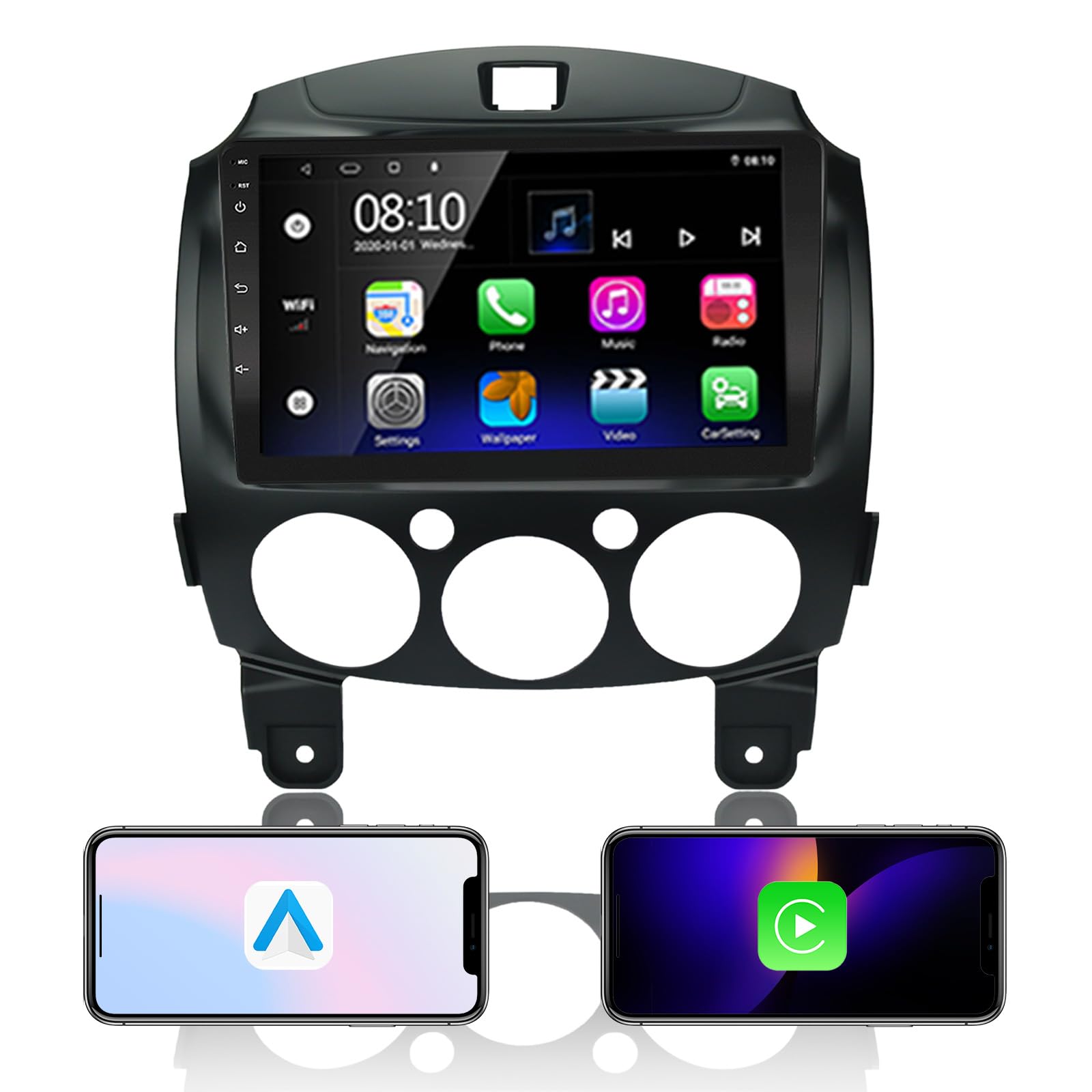 EZoneTronics Android 13 Radio Coche Estéreo para Mazda 2 2008-2014 con Carplay Android Auto Pantalla Táctil de 9 Pulgadas Navegación GPS Bluetooth WiFi USB Mirror Link Volante Control FM/RDS 2G+32G