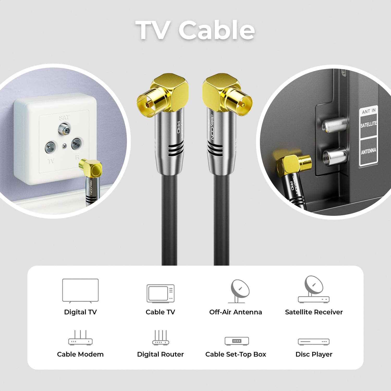 deleyCON 3,0m Kabel Antenowy TV 4K - 4K Ultra HD Full HD HDTV - 2x Kątowy - Kabel Koncentryczny - Wtyk IEC (90°) do Gniazda IEC (90°) - Metalowe Złącza - Czarny