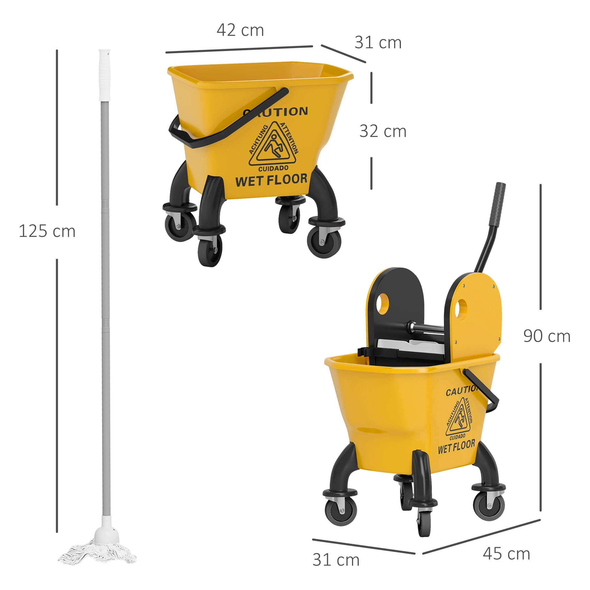 HOMCOM Carrello di pulizia 26 l, secchio con pressa e mocio per uso domestico e commerciale