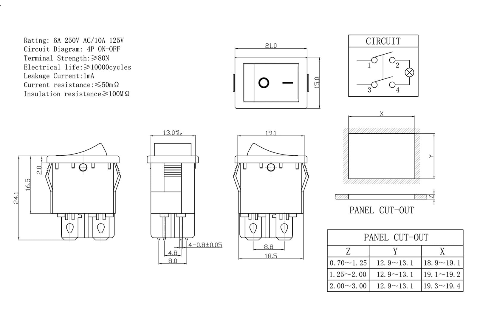 21 x 15 mm 4Pin Black Boat Switch Rocker Switch ON - Off Power Switch 6A 250V 10A 125V AC