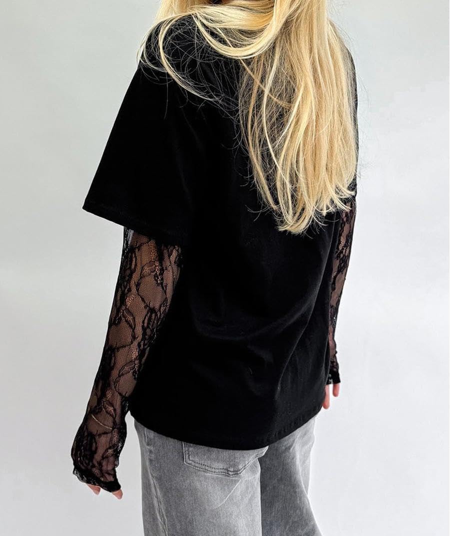 Womens Summer Lace Long Sleeves Shirt Spliced Loose Crewneck Fashion Thin T-Shirt Casual Solid Color Tops - Image 2