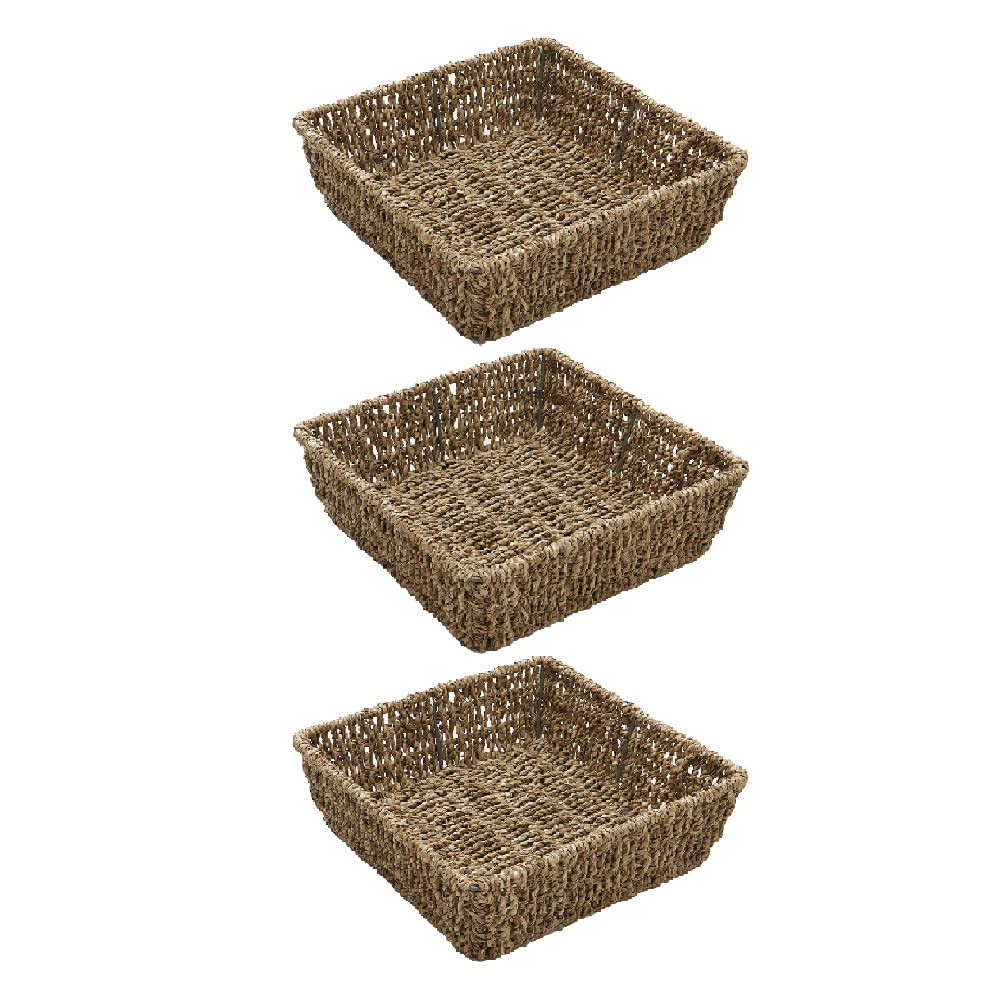 JVL Hand Woven Seagrass Square Storage Tray, H:8 x W:25 x D:25cm, Capacity 4.2L, Set of 3