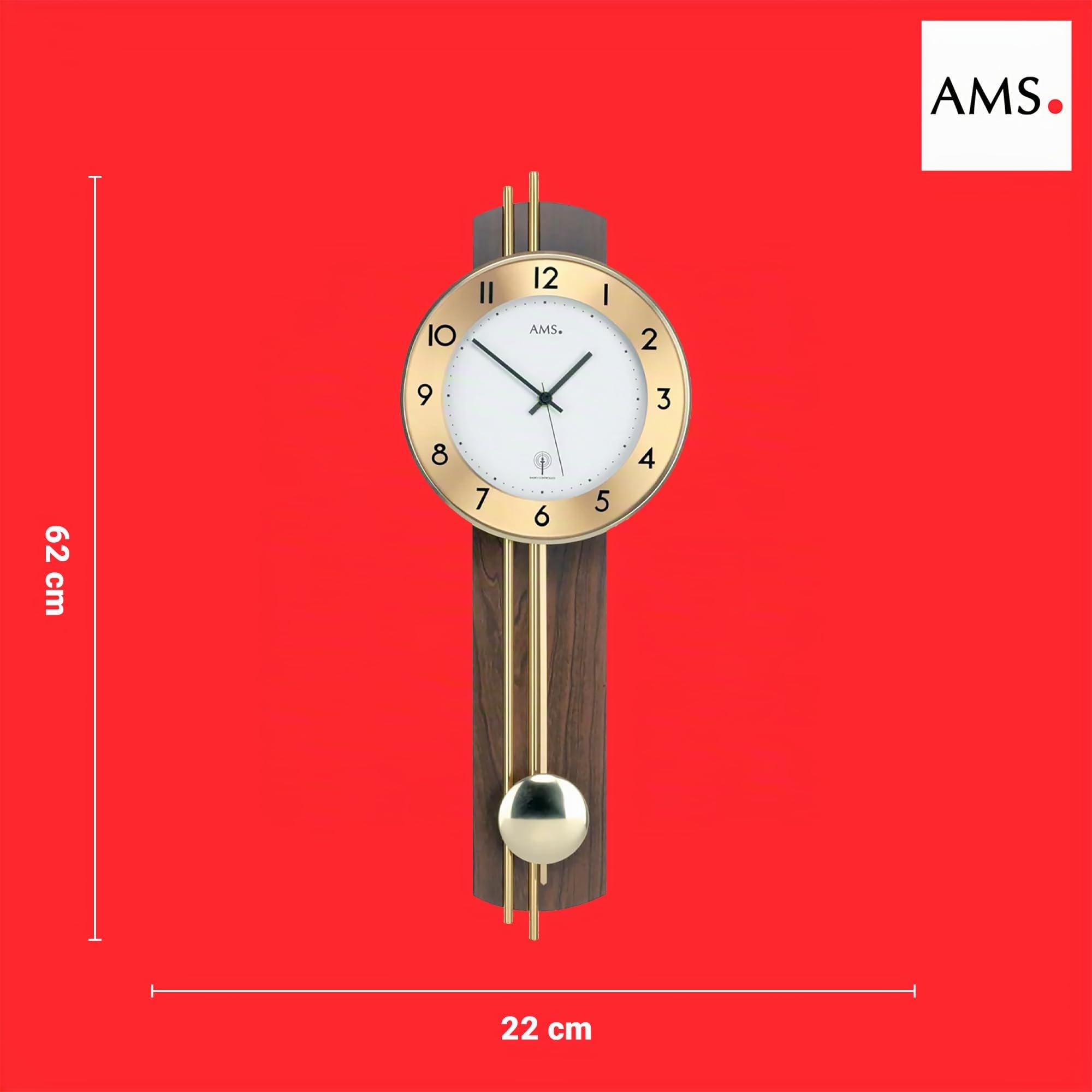 AMS 5266/1 Wanduhr, Klassische Funkpendeluhr in Nussbaum, analog mit arabischen Zahlen, Mineralglas und Messingstäben, batteriebetrieben, hochwertige Wohnzimmeruhr und Bürouhr, Maße: 22 x 62 x 8 cm