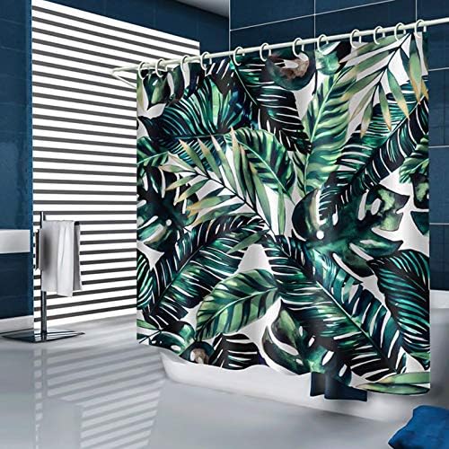 Shower Curtain Fabric, Printed Waterproof Shower Curtain 180*180cm, Dark Green Painted Plantain Bamboo Leaf Waterproof and Mildewproof White Polyester Fabric Bathroom Curtain