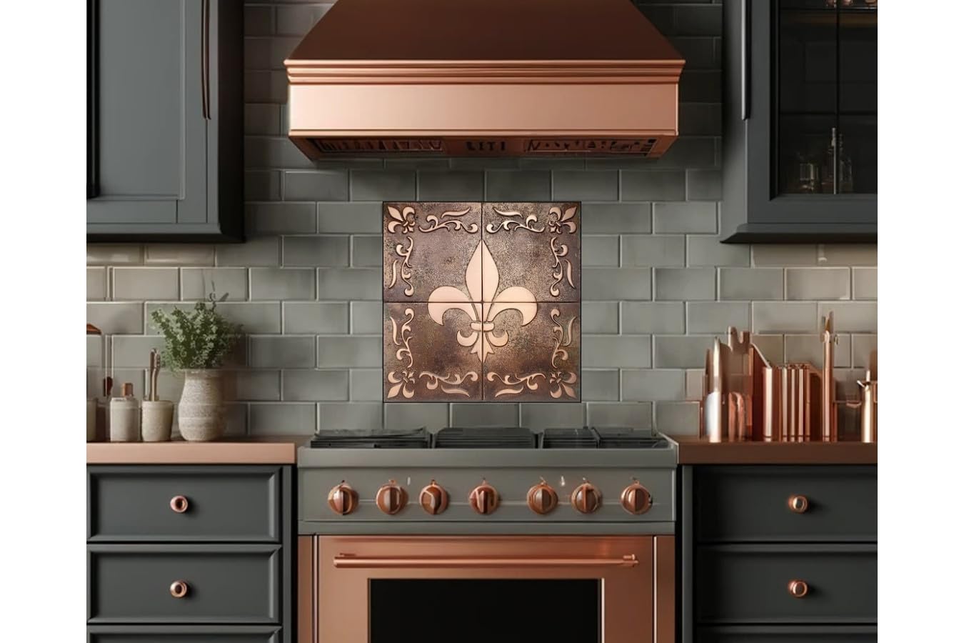 Piastrelle di rame fatte a mano Sanct - 4 piastrelle da parete patinate con motivo Fleur-de-lis, in 100% rame, per cucina, soggiorno, piastrelle decorative per parete posteriore della cucina, set da