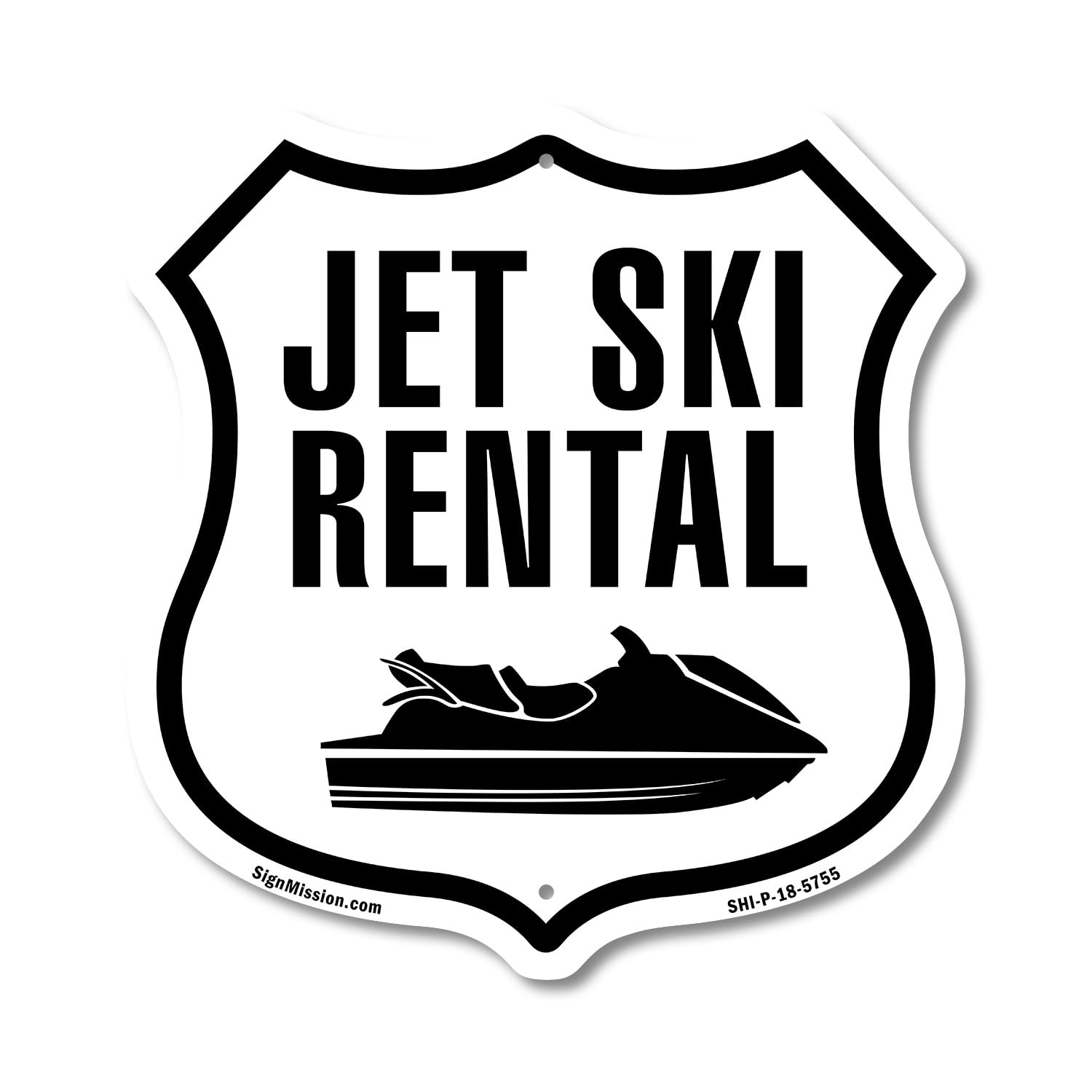Jet Ski Rental 18 inch X 18 inch Shield Shaped Commercial Grade Plastic Sign Weather Resistant Made in the USA