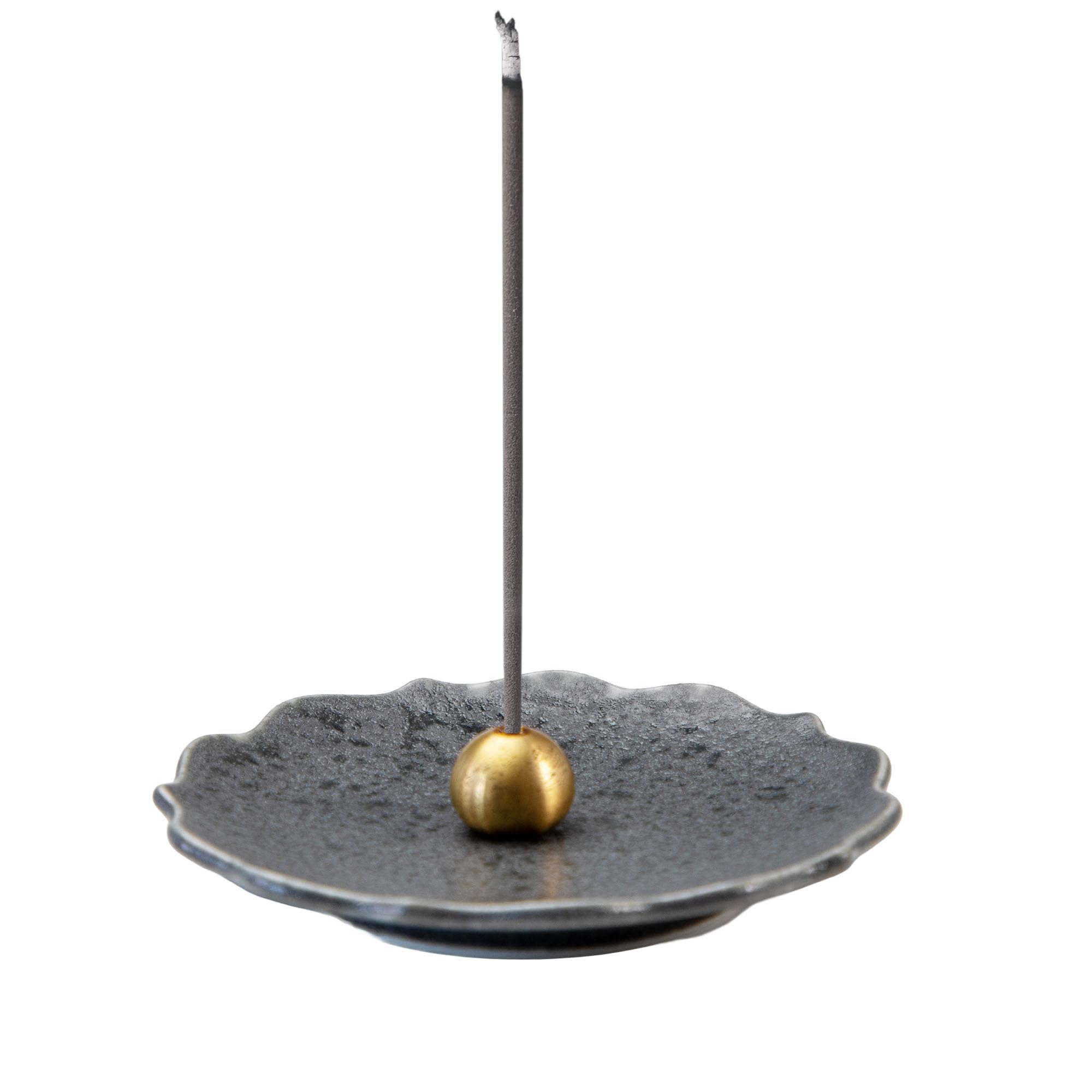 Porta incenso giapponese Asayu - Forma di fiore "Kikyo" punteggiata in oro - Piatto raccogli cenere in ceramica Mino Ware con supporto in ottone (Ginnezu Kikyo)