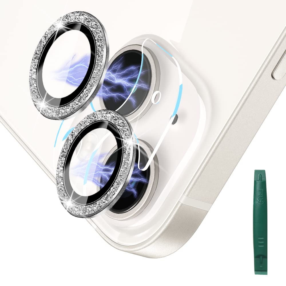 JOLOJO [2+1+Base Film+Remove Tool] Bling Camera Lens Protector Tempered Glass Compatible for iPhone 14(6.1")/Plus(6.7"),[Ultra Clear/Thin] Scratch/Shatter/Water/Fog-Proof - Silver Diamond