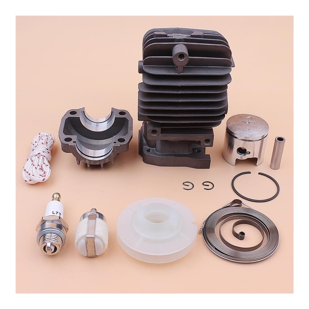 Kit de Base de cárter de Motor de pistón de Cilindro de 34 mm, Compatible con polea de Arranque de Retroceso de 25 CC, Resorte, Cuerda, bujía y Pieza de Motosierra.