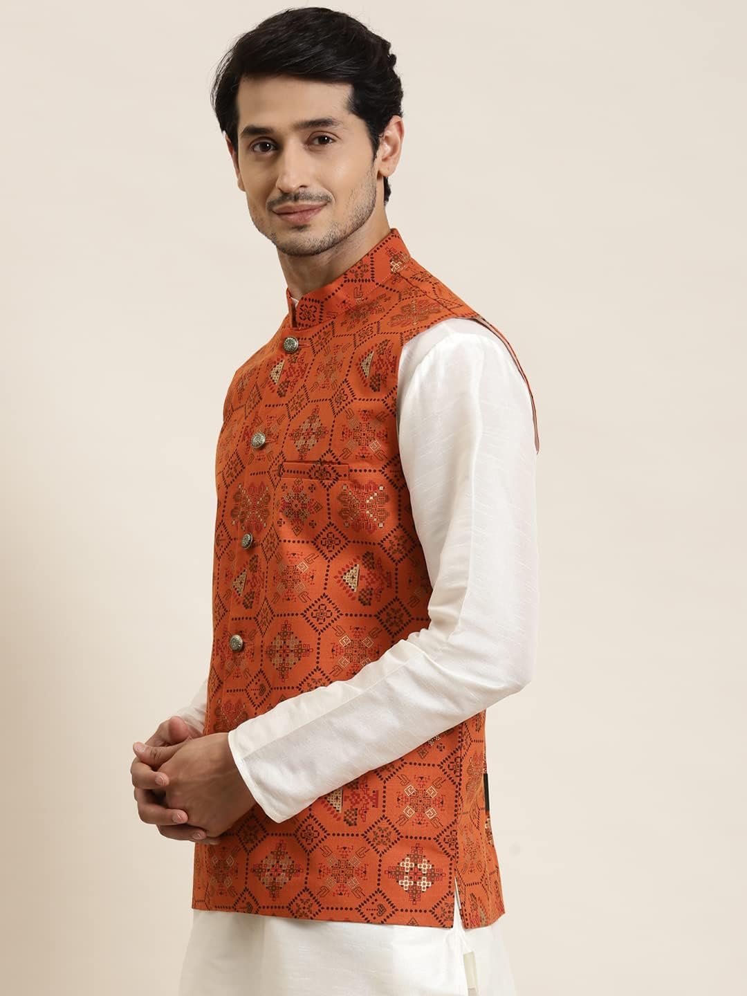 Sojanya (Since 1958 Men'S Cotton Linen Printeded Indian Traditional Ethnic Dresses Only Nehru Jacket