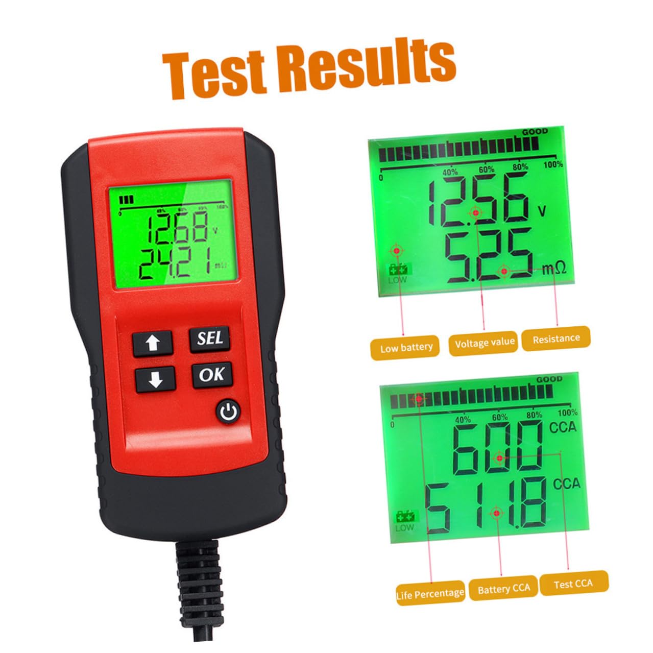 Car Battery Analyzer with LCD Backlight Digital Display Automotive Auto Battery Tester for Voltage Resistance Capacity and Cranking System Testing Compatible with Truck Motorcycle