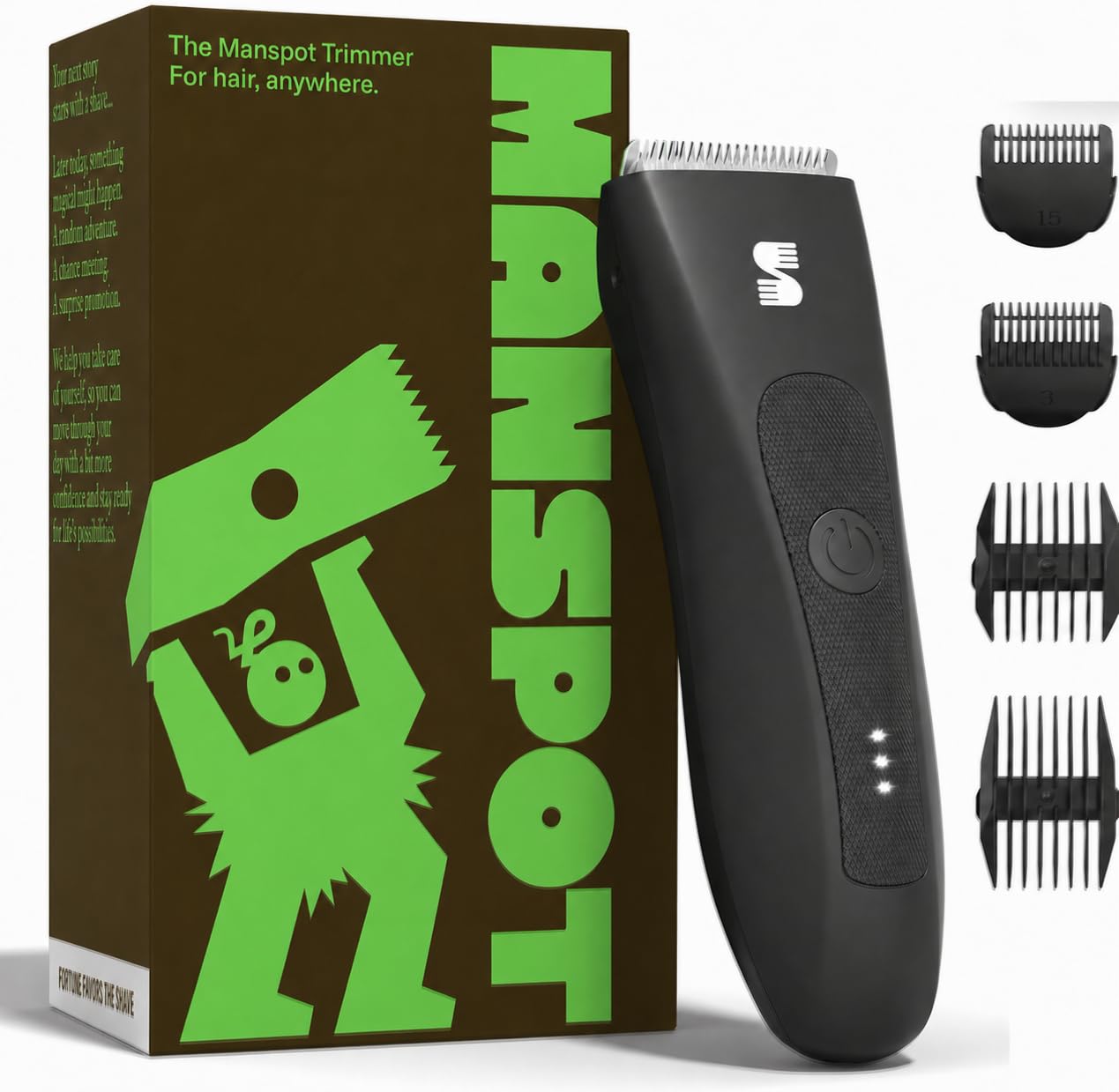 MANSPOT Rasoio Elettrico Corpo Uomo, Depilatore con Lama in Ceramica | Ipoallergenico, IPX7 Impermeabile Wet & Dry, 4 Pettini Guida per Parti Intime, Zone Sensibili, Barba, Braccia, Gambe, Ascelle