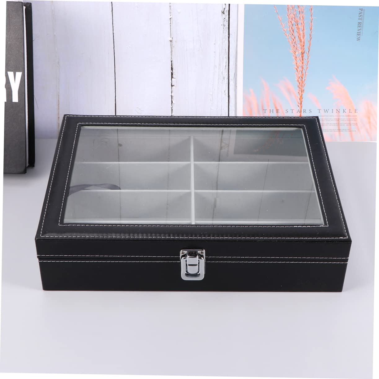 minkissy Estuche Organizador para Gafas De Sol con 8 Compartimentos, Interior De Tela Gris, Tapa De PU Negro con Textura De Punteado, Bandeja para Almacenamiento Seguro y Exhibición En Hogar y Tienda