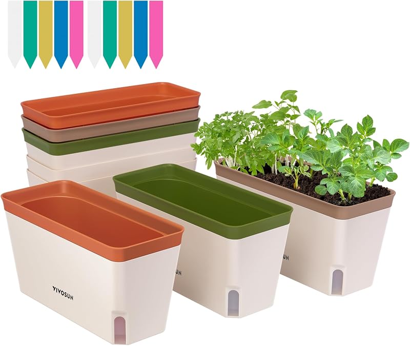 Self-Watering Planters, 6-Pack 10.5 in Window Herb Planter Box | Compact Rectangular Planter Box with 10 PCS Plant Labels, Plant Container for Basil, Flowers, Succulents, Indoor & Outdoor