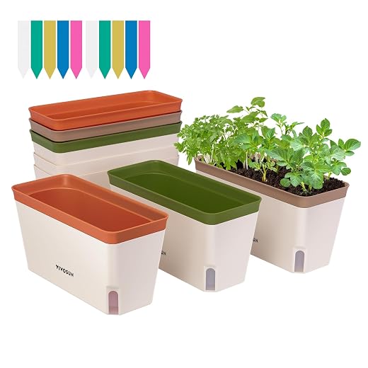 VIVOSUN Self-Watering Planters, 6-Pack Compact Rectangular Window Herb Planter Box with 10 PCS Plant Labels, Plant Container for Basil, Flowers, Succulents, Indoor & Outdoor