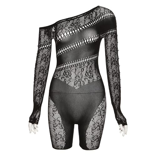 Douciu Women's Long Sleeve Bodycon Romper Cut Out Short Jumpsuit Sexy Mesh Sheer Hollow One Side Strapless (Black, A) #TOP4