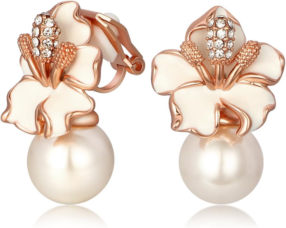 Kemstone Rose Gold/Silver Plated Flower Pearl Earrings Stud/Clip On for Women