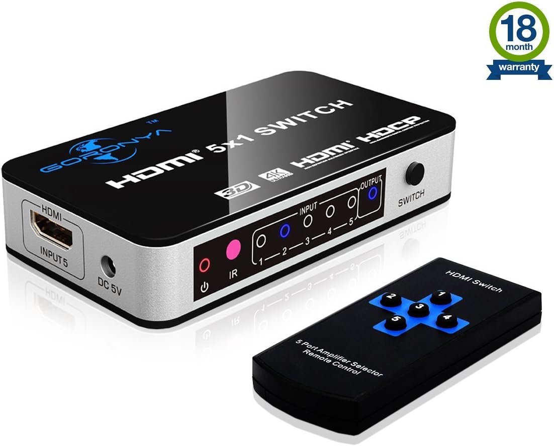 Goronya 4K x 2K 5 Port 5 x 1 HDMI Switch with IR Wireless Remote Control, HDMI Switcher Hub Port Switches