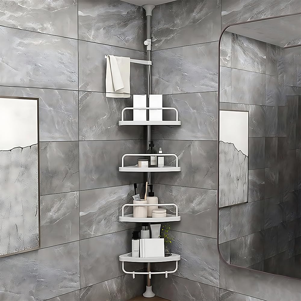 LANTUS Étagère de Douche Réglable en Hauteur, Étagère de Salle de Bain, Rangement Salle de Bain Télescopique, Hauteur Totale, en INOX, 4 Niveaux, 1 Porte-Serviettes (254-304 cm (Plastique) Blanc)