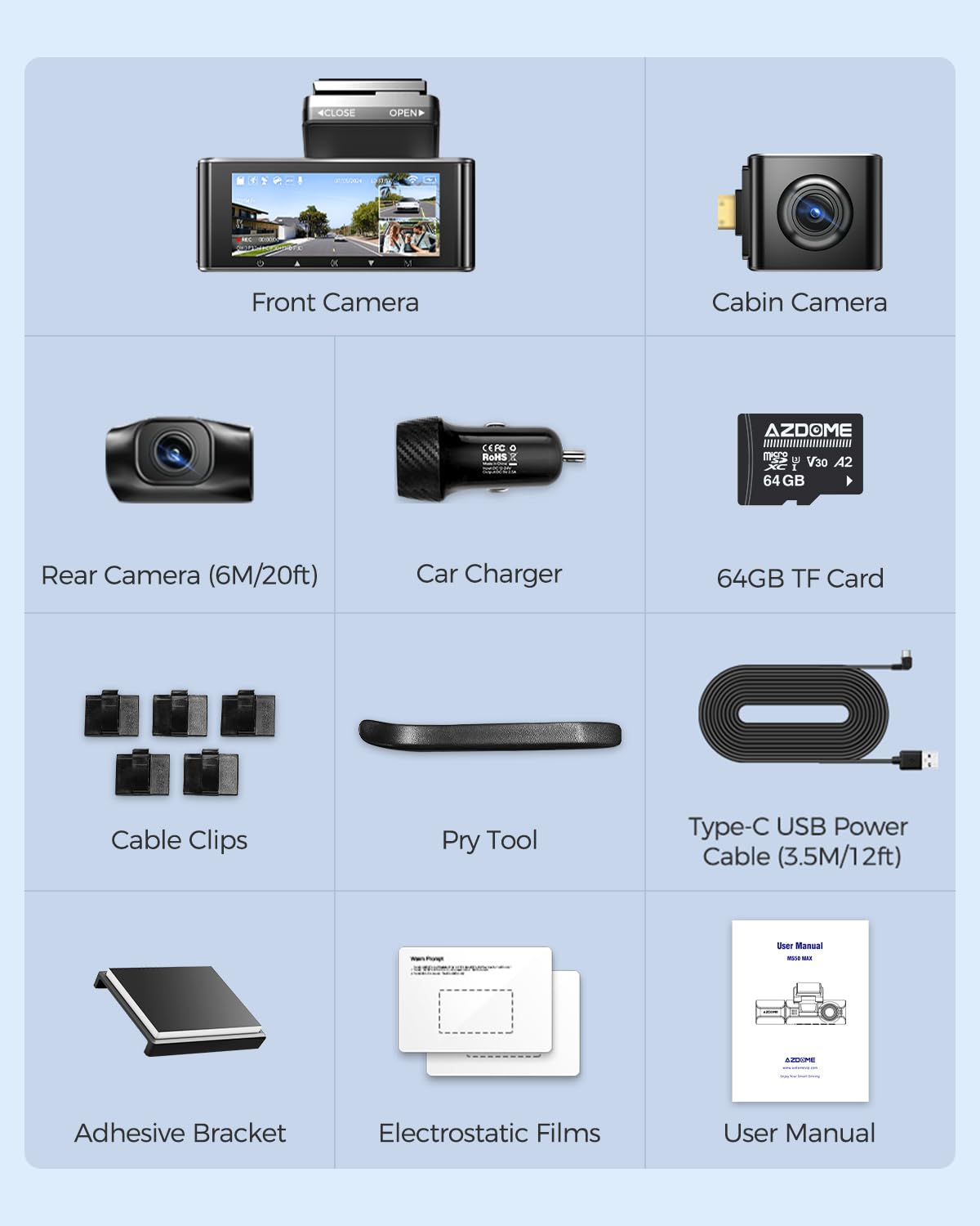AZDOME 4K Dashcam Cámara Coche, 3 Canales 4K+1080P+2.5K Camara Coche con Tarjeta SD de 64GB (M550 MAX)