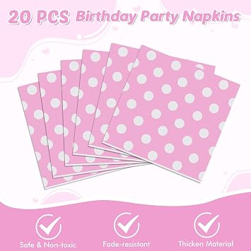 62Pcs Birthday Party Decorations with Dots Design, Pink Polka Dot Party Supplies Includes 20 9'' Plates, 20 7'' Plates, 20 Napkins and 2 Tablecloth for Birthday Minnie Mouse Theme Party Decorations