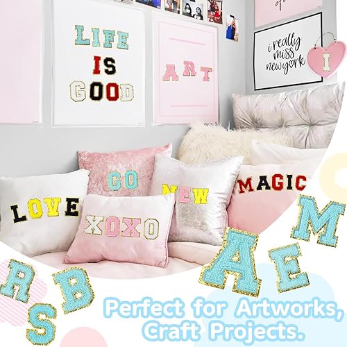 Miniatura 4 de 26 parches de letras de felpilla grandes de 3 pulgadas A-Z de color azul, letras termo-adhesivas para tela y ropa, bordado con purpurina para