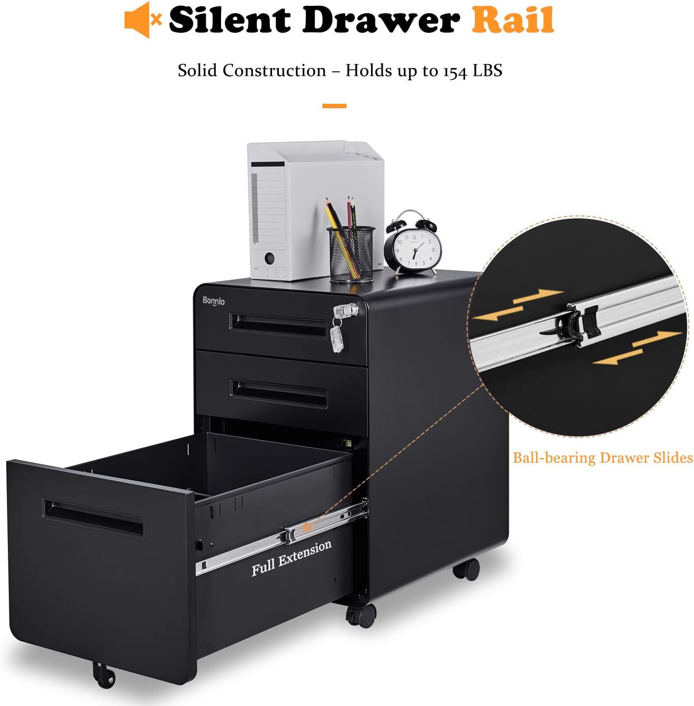 Bonnlo 23.8" H 3 Drawer Rolling File Cabinet With Lock, Mobile Under Desk With Pencil Tray, Black Locking for Home Office, Metal Filing Printer Stand Fully Assembled