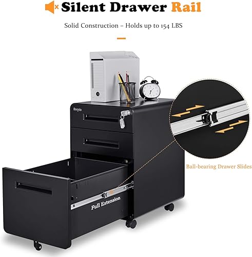 Miniatura 4 de Bonnlo Archivador con 3 cajones de 23.8 pulgadas de alto con cerradura, móvil debajo del escritorio con bandeja para lápices, bloqueo negro para