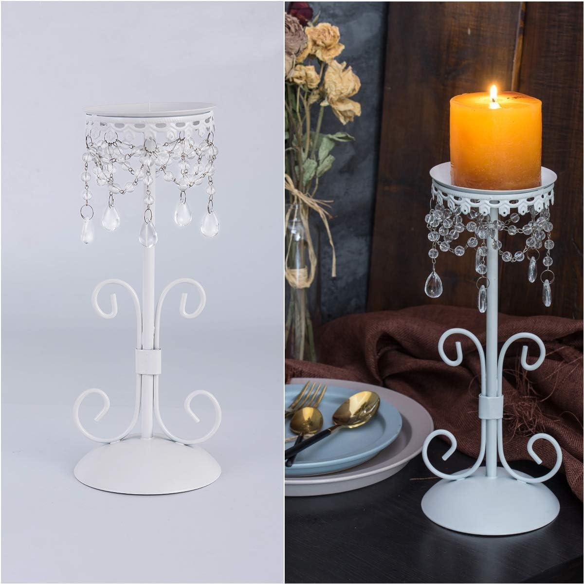 Crystal Candle Holders Europe Style Romantic Chic Elegant Hand Crafted with Crystal Bead Metal Candle Stand for Decorative Living Room Dining Room Table Wedding Birthday, White