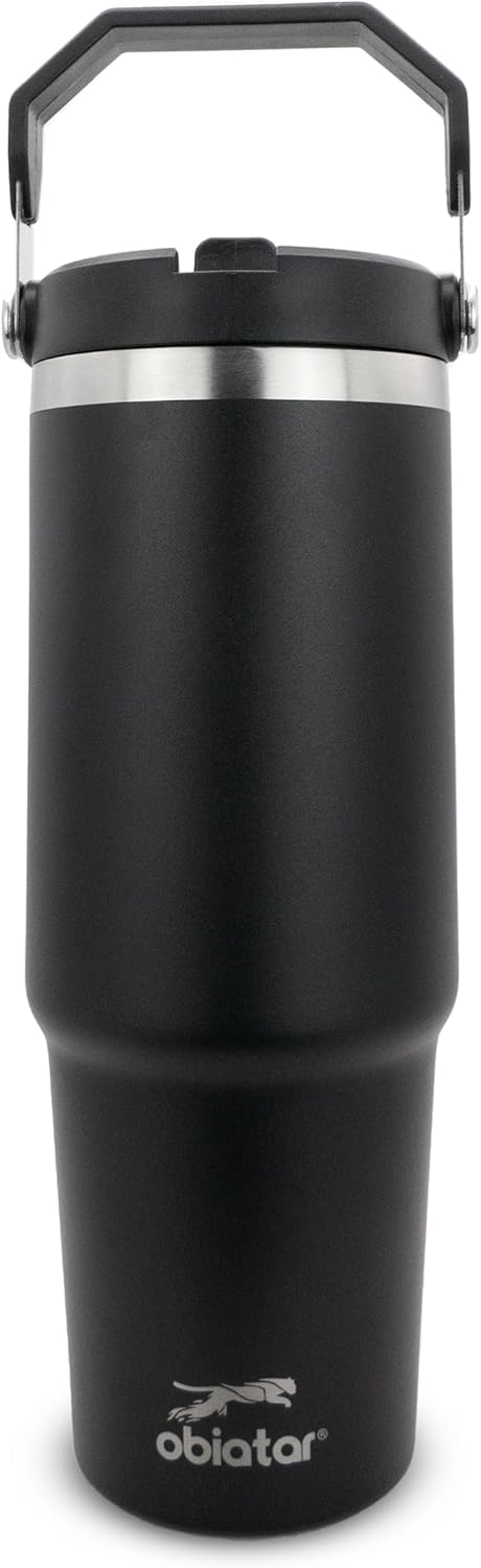30 oz Tumbler with Handle | Insulated Tumbler with Lid and Straw | Stainless Steel Vacuum Water Bottle Travel Mug | Keeps Cold & Hot Drink (Black)