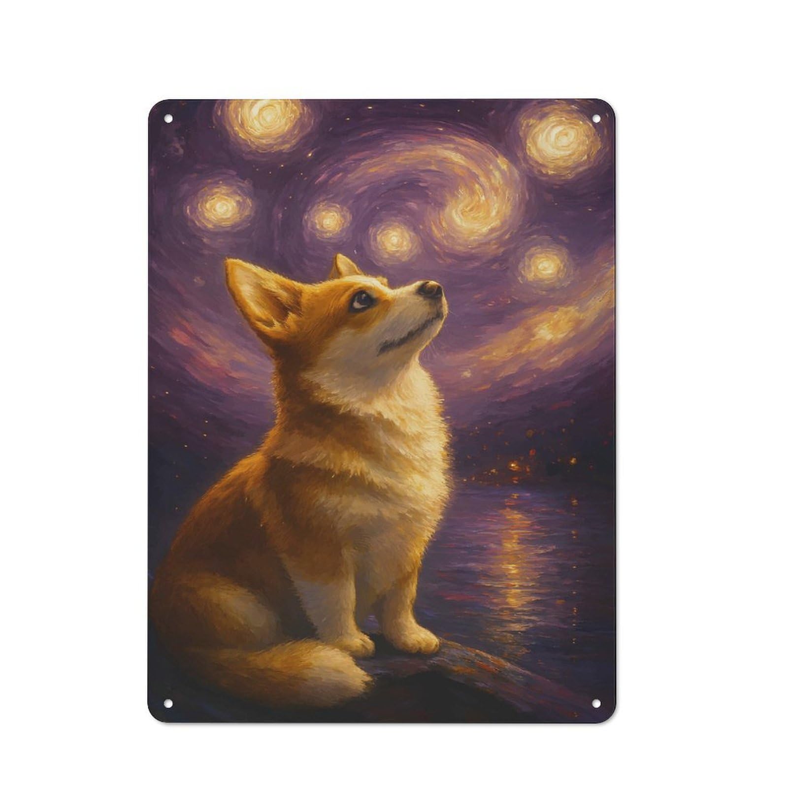 Junmoney Style-19 Metal Plaque 40X30cm With Corgi Starry Night Painting For Hallway Wall, Rustic Decor, A Metal Wall Feature For Hallways And Entrance Areas