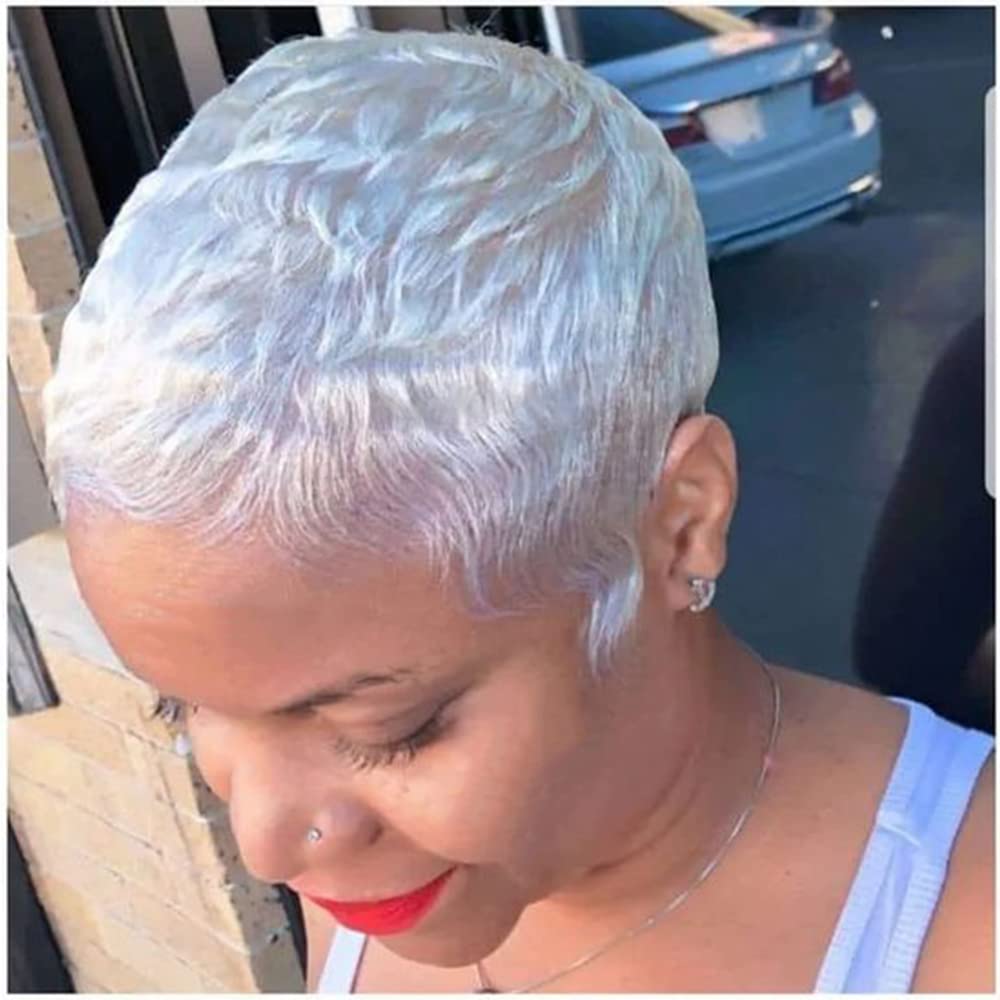 MOONSHOW Short White Pixie Wig for Women Pixie Cut Wig Short White Wig Pixie Cut Wigs for Black Women White Wigs for Women Layered Synthetic Heat Resistant Pixie Wig for Party Cosplay Use