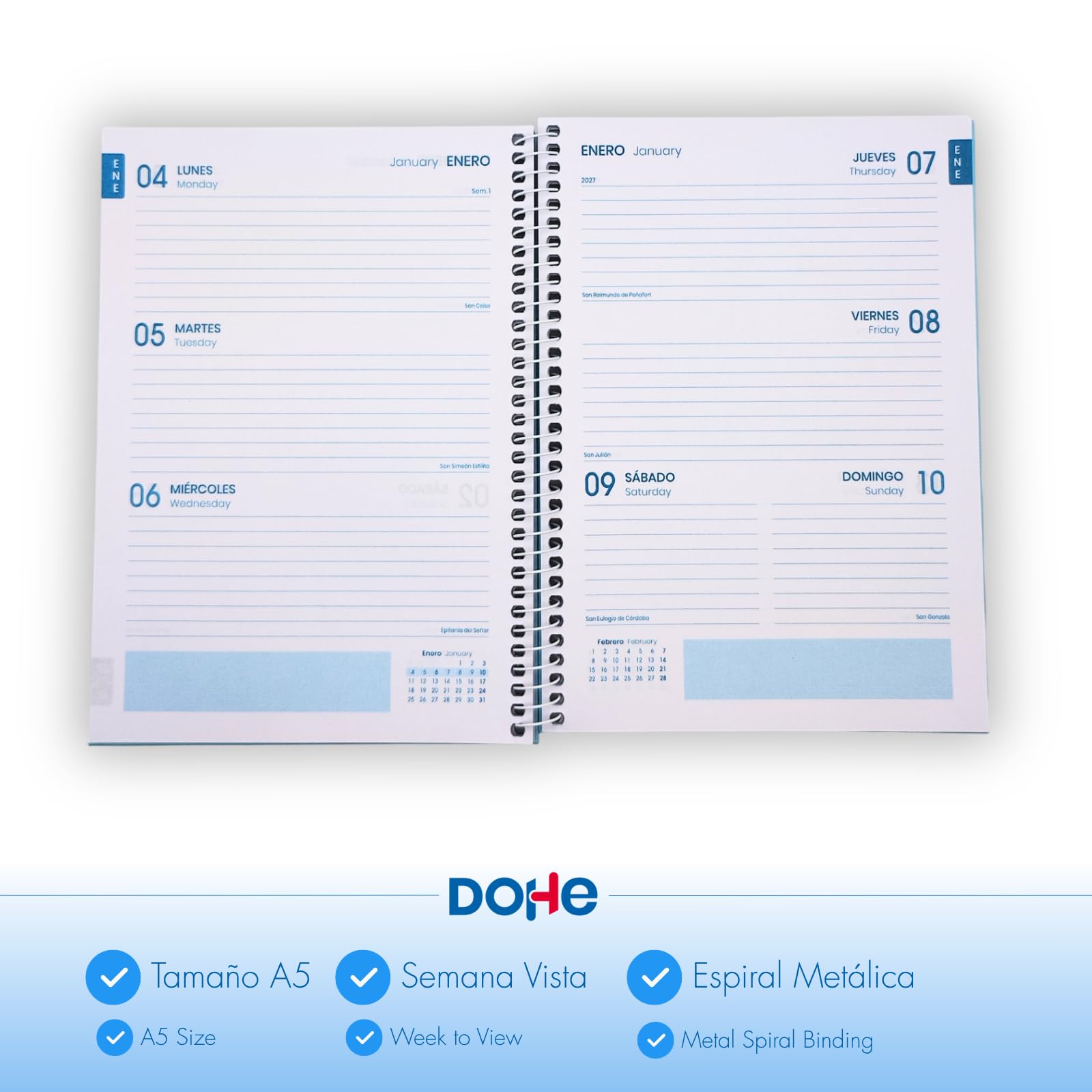 Dohe - Agenda Escolar 2026 2027 - Septiembre a Junio, Semana Vista, A5 (15x21 cm), Tapa Dura Tacto Suave, Cierre de Espiral, Español e Inglés - Serenity Morado